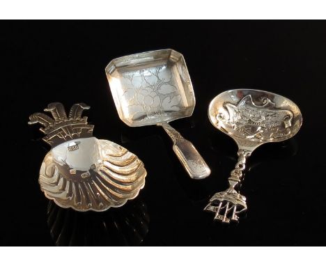 Two silver caddy spoons and another of Dutch style (3) 46g