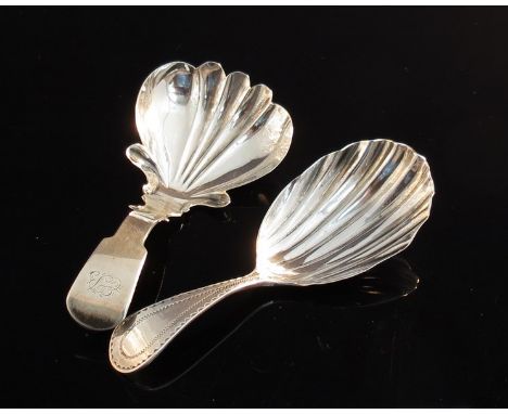 Two Georgian silver tea caddy spoons with scallop bowls, 16g