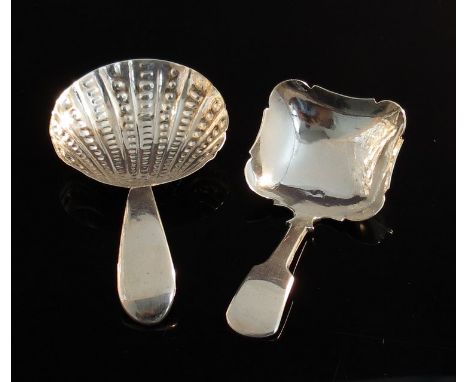 Two silver tea caddy spoons one with scallop bowl, London 1830 Jonathan Hayne & Birmingham 1832, 33g