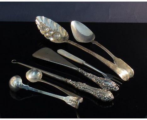 A Georgian silver berry spoon, silver dessert spoon, silver handled button hook, shoe horn, mother-of-pearl handled fork, Geo