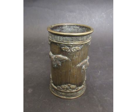 A 19th Century Chinese bronze brush pot (Bitong), cast with cranes and foliage, height 11cm