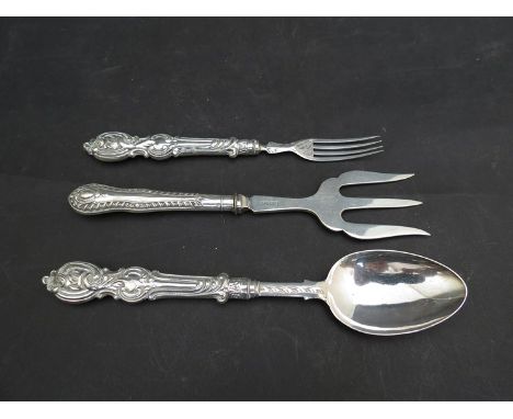 A Victorian George Unite silver spoon and fork with acanthus scroll handles, Birmingham 1856 and silver handle bread fork