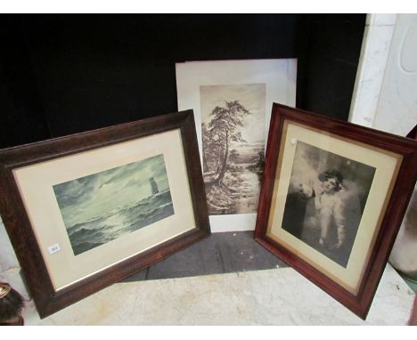 Two framed Victorian prints including seascape and full length portrait image and two others