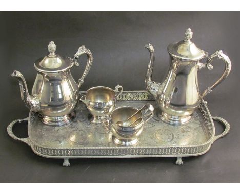 A silver plated coffee and tea service with galleried tray