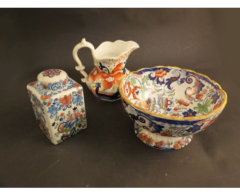 A late 19th Century Ironstone "Amherst Japan" pattern pedestal fruit bowl transfer printed in blue and overpainted in Imari c