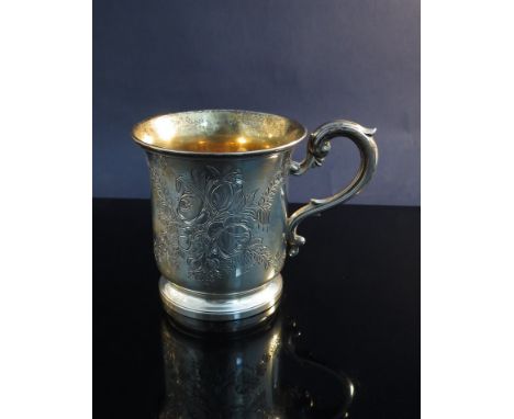 A Goldsmiths Alliance Ltd, Samuel Smily, Cornhill London engraved silver cup with vacant cartouche and scroll handle on circu