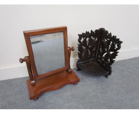 A mahogany toilet mirror and a carved folding corner shelf unit 