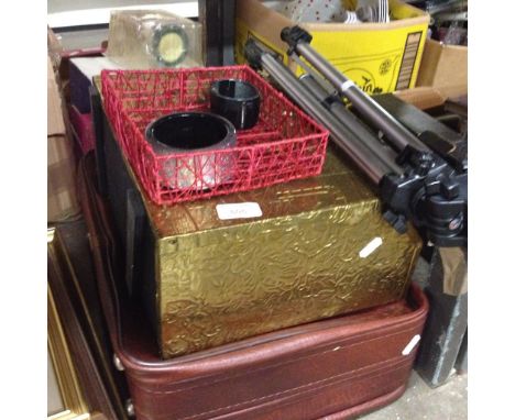 A BRASS MAGAZINE RACK, SUIT CASE, TRIPOD ETC. RFO