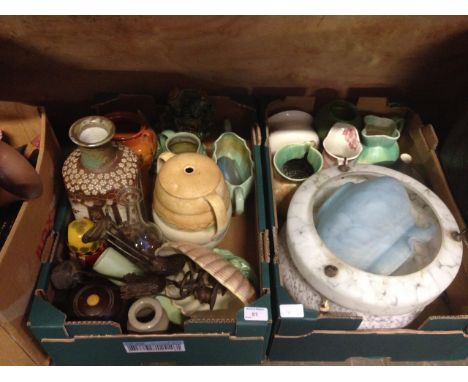 TWO BOXES OF MISC POTTERY, JUGS,,LIGHT SHADES ETC