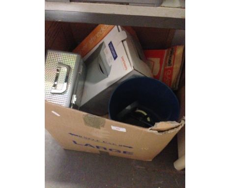 LARGE BOX OF MISC: SHREDDER, TYRE COMPRESSOR, PORCH LIGHT, VANITY CASE