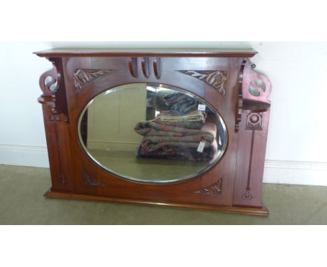 An Art Nouveau mahogany over mantle mirror - 80cm x 117cm