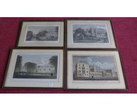 Three framed Cambridge University Almanack St Johns College lithographs and a coloured lithograph of Trinity College