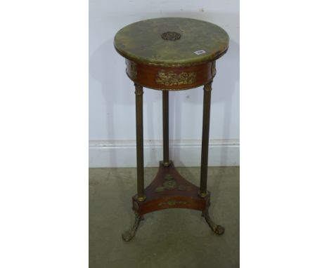 A mahogany and ormolu jardiniere stand with a marble top - Height 80cm x top diameter 37cm