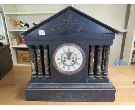 An oversized black slate architectural mantle clock - Height 51cm x Width 50cm - with pendulum and key - working in the sale 