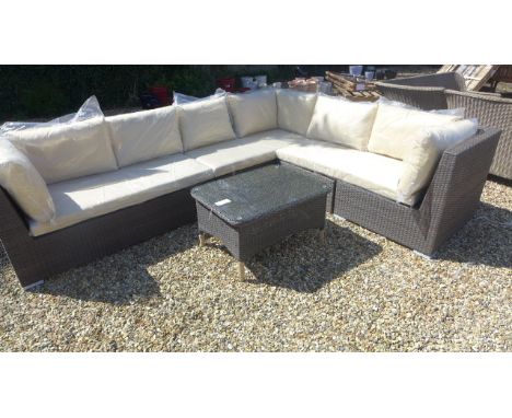 A Bramblecrest Rio corner sofa set with cushions and a coffee table