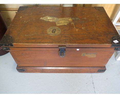 A pine travel trunk in original finish with metal edges and having various travel labels include "Swedish Line" - Width 86cm