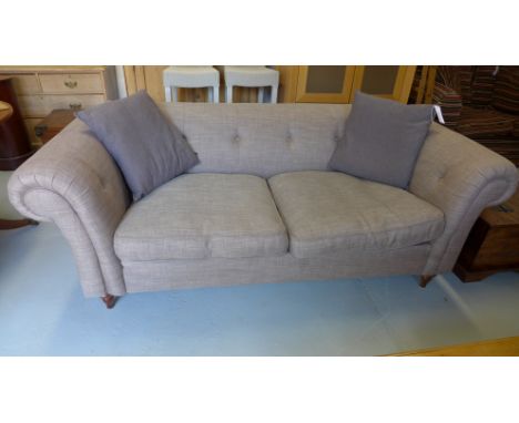 A John Lewis buttoned upholstered sofa with two scatter cushions in good condition - Height 77cm x 195cm x 103cm - RRP £1,600