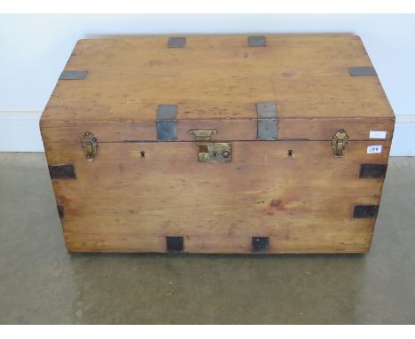 A stripped pine travel trunk with metal edges and fasteners - Height 45cm x Width 80cm