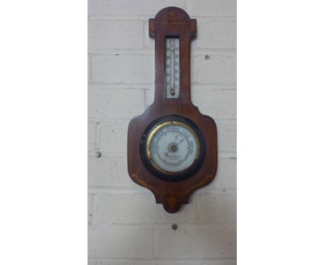 An inlaid mahogany aneroid barometer with thermometer retailed by Sidney Campkin and Sons Cambridge - Height 44cm