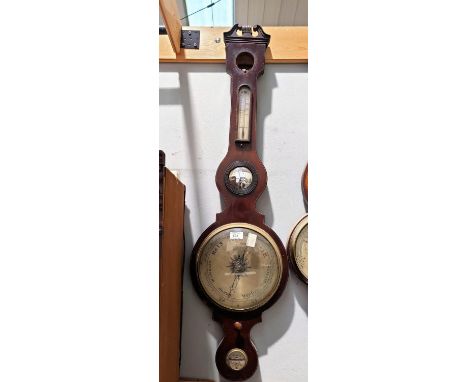 A large mercury column barometer with thermometer in mahogany banjo shaped case, by Cheneg, height 111 cm (hygrometer missing