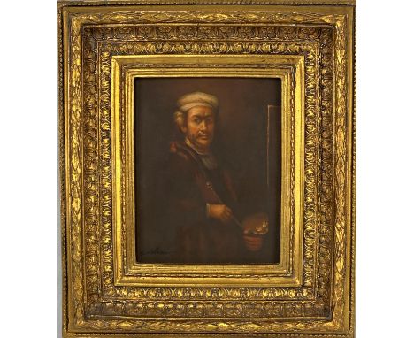 Rembrandt self-portrait at easel, modern copy, oil on board, 23 x 18 cm, gilt framed 