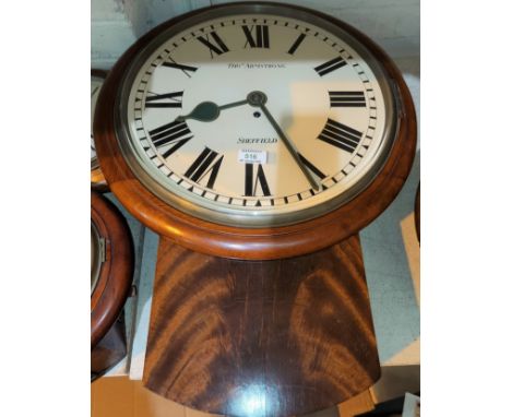 A large drop dial wall clock in figured mahogany circular case with single train fusee movement by Thos Armstrong, Sheffield,