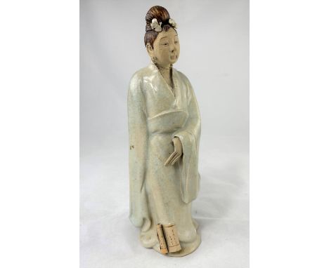 A Chinese figure of female with scroll crackle glaze decoration, height 25cm (head re-attached and fingers missing) Head brok