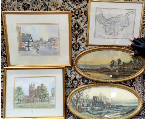 Peter Green:  Nantwich scenes, watercolours, signed, 25 x 32 cm, framed and glazed; a framed map of Chester; 2 oval prints 