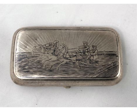 A late 19th century Russian silver snuff box decorated in niello with a troika, 84 mark, maker AE 