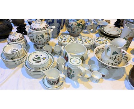 A Portmeirion Botanical pattern soup tureen with twin handles and ladle; a jug and basin set; a 27 piece dinner service other