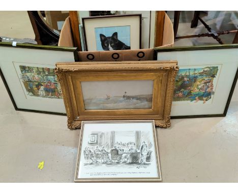 Early 20th Century:  Sailing dinghy in choppy seas, watercolour, 16 x 30 cm, framed and glazed; a pair of humorous cartoons o