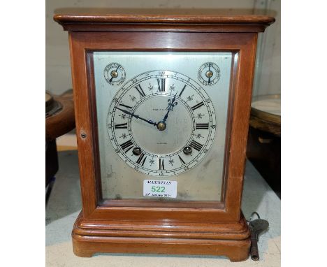 A 20th century mantel clock in mahogany 4 glass case, with key wound balance spring movement and ting-tang strike, by T Ross 