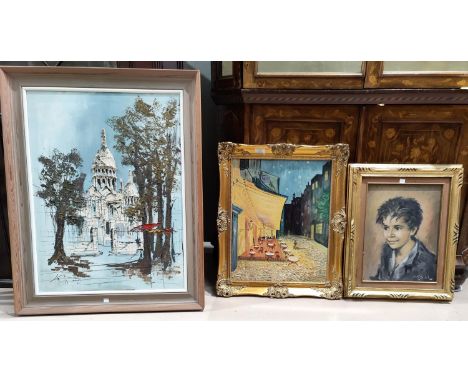 After Van Gogh:  French cafe under a starry sky, oil on canvas, unsigned 50 x 40 cm, framed; half length oil portrait of a bo