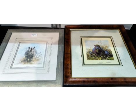 After David Shepherd, 2 signed limited edition prints Happy Hippo 1355 / 1500 and Rhino 673 / 1000; A framed set of 50 RAF Sq