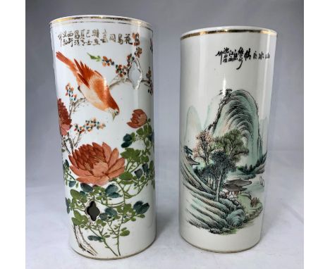 A Chinese ceramic hat stand decorated with birds and flowers, faint seal mark to base and a Chinese sleeve vase depicting rur