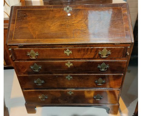 A Georgian crosshanded and inlaid fall front bureau with graduating drawers under, on bracket feet, width 91 cm 