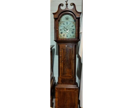 A 19th century crossbanded figured mahogany longcase clock with swan neck pediment and reeded columns to the hood, quarter si