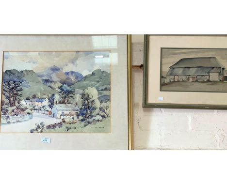 S Wilson McKinell:  Coniston Fells, watercolour, signed, 36 x 47 cm; another watercolour of a barn; a pair of colour prints, 