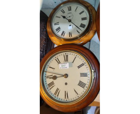 A small wall clock in mahogany circular case, with single train fusee movement, diameter 28 cm; a wall clock in satin walnut 