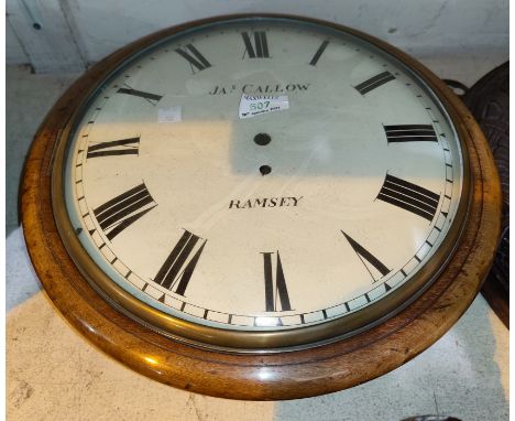 A 19th century wall clock in mahogany circular case with single train fusee movement, by Jas Callow, Ramsey, diameter 38 cm (