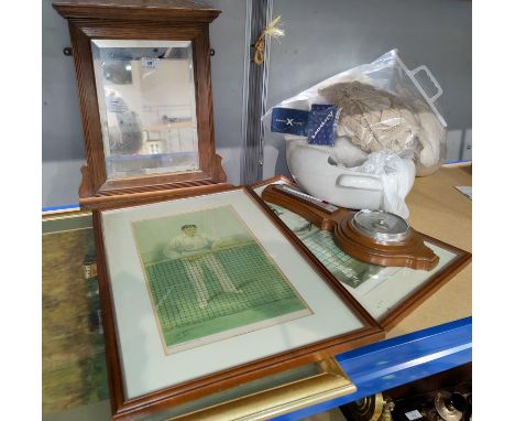 Two Spy prints; a hall mirror; a watercolour; a Royal Doulton slipper bath; lace; etc. 