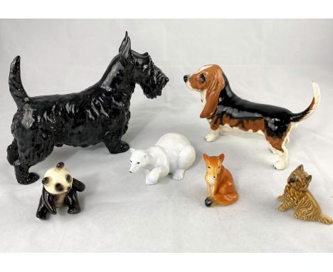 A Doulton Scottie dog, a Beswick Basset hound and a selection of other animals, Goebel, Minton, Sylvac etc 