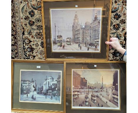 Arthur Delaney:  3 artist signed limited edition prints, Manchester scene with trams, 34 x 44 cm; St George's Hall, Liverpool