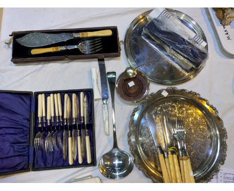 A selection of silver plate:  cased fish servers; decorate knives and forks; soup ladle; etc. 