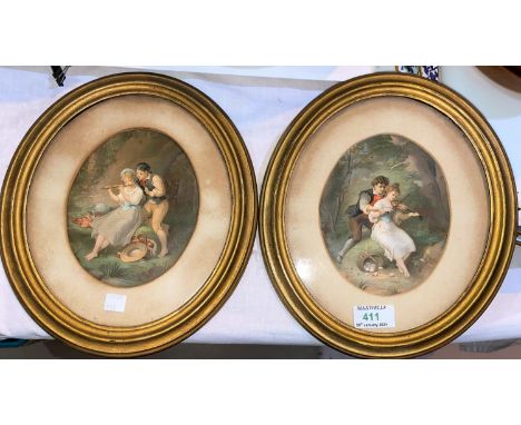 A 19th century pair of oval colour prints of courting couples, 16 x 12 cm, gilt framed; 3 embroidered pictures 