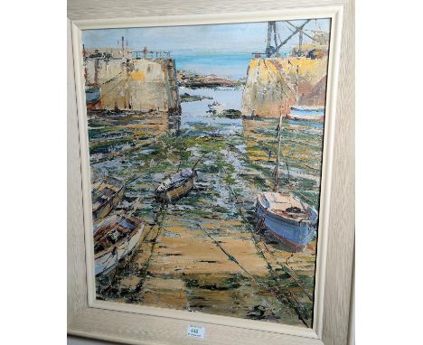 R H Fields, RCA:  "Mousehole Harbour, Cornwall", oil on board, attributed on reverse, 59 x 49 cm, framed 