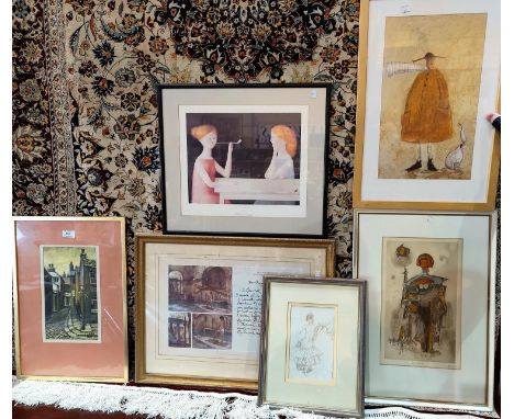 T B Brown:  Northern Street, pastel, framed and glazed; a modern print:  "David"; 2 Russell Flint prints; other pictures and 