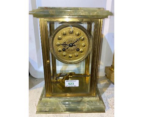 A 4 glass mantel clock in green onyx and gilt case, filigree centre dial, French drum movement and mercury compensated pendul