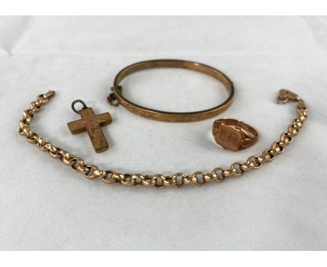 A 9 carat hallmarked gold signet ring; cross pendant &amp; bangle; a belcher chain bracelet stamped '375', 16.5 gm gross weig