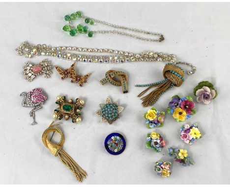 A selection of mid 20th century costume jewellery:  gilt woven metal and turquoise effect stone brooches; ceramic brooches; n